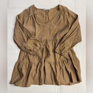Zara Womens Sz S V Neck Tan Long Sleeve Tiered Boho Flowy Oversized Dress